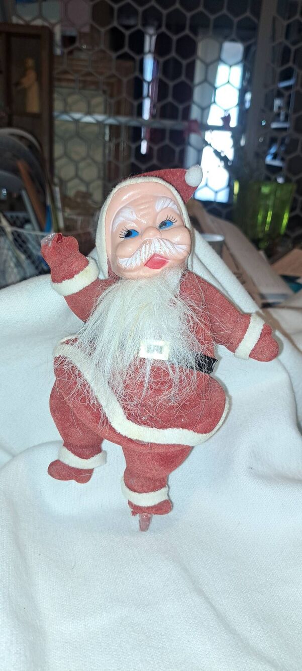 Vintage 1950s 60s Santa Claus Ice Skater Felt Plastic Face Christmas MCM